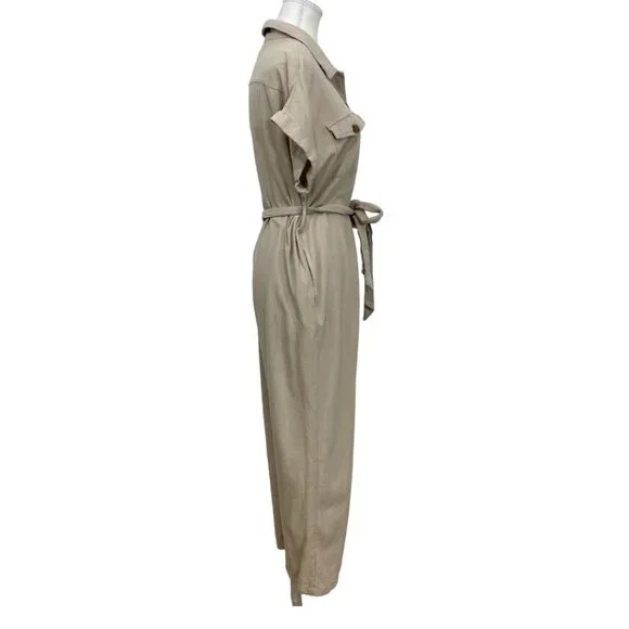 LOST + WANDER LINEN BLEND SAFARI BELTED CROPPED JUMPSUIT IN BEIGE - S - Picture 3 of 10